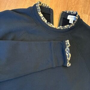 J Crew Womens XS Sweatshirt Black Leopard Print Ruffle Collar Gold Zip Pullover